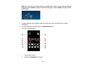 Page 67Note:
If you connect from a web browser on a smartphone or tablet, a screen with two options is
displayed. Select remoteto display the Web Remote page, or select configto display the Web
Control page.
4. To select projector menu settings, select the name of the menu and follow the on-screen instructions.
5. To control projection remotely, select the Web Remoteoption.
You see a screen like this:
1 Power button control
2 Selects the Computerport source
67  