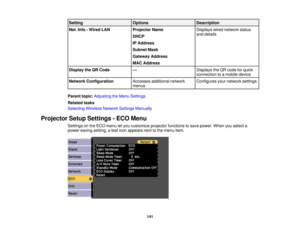Page 141Setting
OptionsDescription
Net. Info - Wired LAN Projector NameDisplays wired network status
and details
DHCP
IP Address
Subnet Mask
Gateway Address
MAC Address
Display the QR Code —Displays the QR code for quick
connection to a mobile device
Network Configuration Accesses additional network Configures your network settings
menus
Parent topic: Adjusting the Menu Settings
Related tasks
Selecting Wireless Network Settings Manually
Projector Setup Settings - ECO Menu Settings on the ECO menu let you...