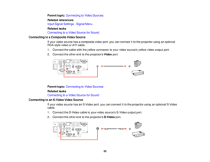 Page 35Parent topic:
Connecting to Video Sources
Related references
Input Signal Settings - Signal Menu
Related tasks
Connecting to a Video Source for Sound
Connecting to a Composite Video Source If your video source has a composite video port, you can connect it to the projector using an optional
RCA-style video or A/V cable.
1. Connect the cable with the yellow connector to your video sources yellow video output port.
2. Connect the other end to the projectors Videoport.
Parent topic: Connecting to Video...