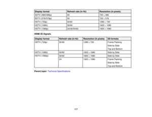 Page 117

Display
format
 Refresh
rate(inHz)
 Resolution
(inpixels)
 SDTV
(480i/480p)
 60
 720
×480
 SDTV
(576i/576p)
 50
 720
×576
 HDTV
(720p)
 50/60
 1280
×720
 HDTV
(1080i)
 50/60
 1920
×1080
 HDTV
(1080p)
 24/30/50/60
 1920
×1080
 HDMI
3DSignals
 Display
format
 Refresh
rate(inHz)
 Resolution
(inpixels)
 3D
formats
 HDTV
(720p)
 50/60
 1280
×720
 Frame
Packing
 Side
bySide
 Top
andBottom
 HDTV
(1080i)
 50/60
 1920
×1080
 Side
bySide
 HDTV
(1080p)
 50/60
 1920
×1080
 Side
bySide
 24
 1920
×1080
 Frame...