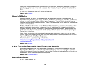 Page 170

other
rights orlicenses aregranted eitherdirectly orby implication, estoppelorotherwise, orunder any
 patents,
copyrights, maskworks, tradesecrets orother intellectual propertyrightsofStonestreet One,
 LLC
®
.
 ©
2000-2012 Stonestreet One,LLC®
All Rights Reserved.
 Parent
topic:Notices
 Copyright
Notice
 All
rights reserved. Nopart ofthis publication maybereproduced, storedinaretrieval system,or
 transmitted
inany form orby any means, electronic, mechanical, photocopying, recording,orotherwise,...