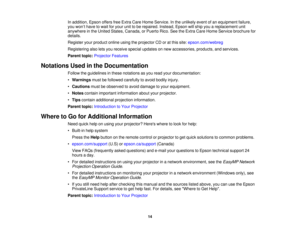 Page 14In addition, Epson offers free Extra Care Home Service. In the unlikely event of an equipment failure,
you won’t have to wait for your unit to be repaired. Instead, Epson will ship you a replacement unit
anywhere in the United States, Canada, or Puerto Rico. See the Extra Care Home Service brochure for
details.
Register your product online using the projector CD or at this site:
epson.com/webreg
Registering also lets you receive special updates on new accessories, products, and services.
Parent topic:...