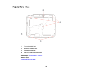 Page 18Projector Parts - Base
1 Front adjustable foot
2 Mounting bracket holes
3 Rear adjustable feet
4 Security cable attachment point
Parent topic: Projector Part Locations
Related tasks
Installing a Security Cable
18  
