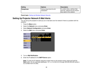 Page 51Setting
OptionsDescription
Passphrase Various keys from 8 to 32 For WPA-PSK or WPA2-PSK
characterssecurity, selects the pre-shared
key used on the network
Parent topic: Setting Up Wireless Network Security
Setting Up Projector Network E-Mail Alerts You can set up the projector to send you an e-mail alert over the network if there is a problem with the
projector.
1. Press theMenubutton.
2. Select the Networkmenu and press Enter.
3. Select Network Configuration and pressEnter.
4. Select the Mailmenu and...