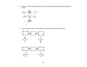 Page 652. Press one of these keystone buttons on the control panel to display the Keystone adjustment
screen.
3. Press a keystone button on the projectors control panel to adjust the image shape.
65    