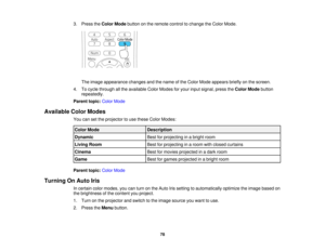 Page 783. Press the
Color Modebutton on the remote control to change the Color Mode.
The image appearance changes and the name of the Color Mode appears briefly on the screen.
4. To cycle through all the available Color Modes for your input signal, press the Color Modebutton
repeatedly.
Parent topic: Color Mode
Available Color Modes You can set the projector to use these Color Modes:
Color Mode Description
Dynamic Best for projecting in a bright room
Living Room Best for projecting in a room with closed...