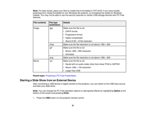 Page 81Note:
For best results, place your files on media that is formatted in FAT16/32. If you have trouble
projecting from media formatted for non-Windows file systems, try formatting the media for Windows
instead. You may not be able to use the security features on certain USB storage devices with PC Free
features.
File contents File type Details (extension)
Image .jpgMake sure the file is not:
• CMYK format
• Progressive format
• Highly compressed
• Above 8192 × 8192 resolution
.bmp Make sure the file...