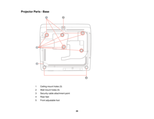 Page 20

Projector
Parts-Base
 1
 Ceiling
mountholes(3)
 2
 Wall
mount holes(5)
 3
 Security
cableattachment point
 4
 Rear
feet
 5
 Front
adjustable foot
 20  