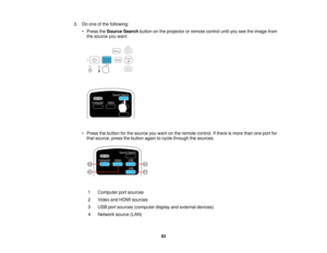 Page 83

3.
Doone ofthe following:
 •
Press theSource Searchbuttononthe projector orremote controluntilyouseetheimage from
 the
source youwant.
 •
Press thebutton forthe source youwant onthe remote control. Ifthere ismore thanoneport for
 that
source, pressthebutton againtocycle through thesources.
 1
 Computer
portsources
 2
 Video
andHDMI sources
 3
 USB
portsources (computer displayandexternal devices)
 4
 Network
source(LAN)
 83    
