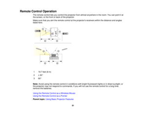 Page 81Remote Control Operation
The remote control lets you control the projector from almost anywhere in the room. You can point it at
the screen, or the front or back of the projector.
Make sure that you aim the remote control at the projectors receivers within the distance and angles
listed here.
1 19.7 feet (6 m)
2 ± 30°
3 60°
Note: Avoid using the remote control in conditions with bright fluorescent lights or in direct sunlight, or
the projector may not respond to commands. If you will not use the remote...