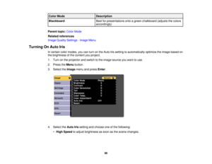 Page 90Color Mode
Description
Blackboard Best for presentations onto a green chalkboard (adjusts the colors
accordingly)
Parent topic: Color Mode
Related references
Image Quality Settings - Image Menu
Turning On Auto Iris In certain color modes, you can turn on the Auto Iris setting to automatically optimize the image based on
the brightness of the content you project.
1. Turn on the projector and switch to the image source you want to use.
2. Press theMenubutton.
3. Select the Imagemenu and press Enter.
4....