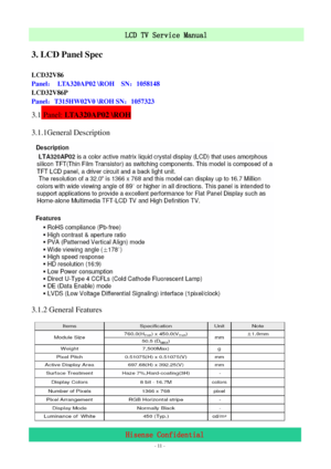 Page 11 
 
 - 11 -
LCD TV Service Manual                         
Hisense Confidential 
3. LCD Panel Spec 
LCD32V86 
Panel： LTA320AP02 \ROH  SN：1058148 
LCD32V86P  
Panel：T315HW02V0 \ROH SN：1057323 
3.1 Panel: LTA320AP02 \ROH 
3.1.1General Description 
 
3.1.2 General Features 
 
 