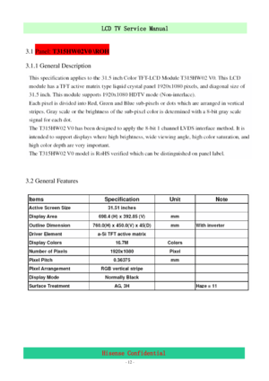 Page 12 
 
 - 12 -
LCD TV Service Manual                         
Hisense Confidential 
 
3.1 Panel: T315HW02V0 \ROH   
3.1.1 General Description 
 
 
3.2 General Features
 
 
 
 
 
 
 
 
 
 