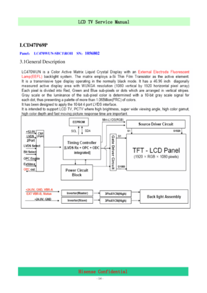 Page 14 
 
 - 14 -
LCD TV Service Manual                         
Hisense Confidential 
 
 
LCD47P69P 
Panel： LC470WUN-SBC1\ROH  SN：1056802 
3.1General Description 
 
 
 
 
 
 
 