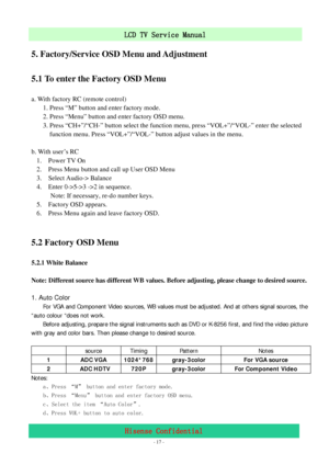 Page 17 
 
 - 17 -
LCD TV Service Manual                         
Hisense Confidential 
5. Factory/Service OSD Menu and Adjustment   
5.1 To enter the Factory OSD Menu   
a. With factory RC (remote control) 
1. Press “M” button and enter factory mode. 
2. Press “Menu” button and enter factory OSD menu. 
3. Press “CH+”/“CH-” button select the function menu, press “VOL+”/“VOL-” enter the selected 
function menu. Press “VOL+”/“VOL-” button adjust values in the menu. 
 
b. With user’s RC     
1. Power TV On   
2....