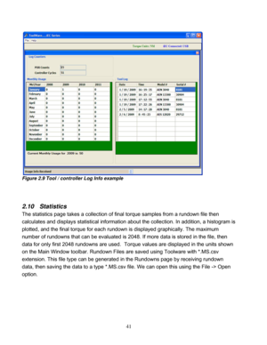 Page 87 41 
Figure 2.9 Tool / controller Log Info example 
 
 
 
2.10  Statistics 
The statistics page takes a collection of final torque samples from a rundown file then 
calculates and displays statisti
cal information about the collecti on. In addition, a histogram is 
plotted, and the final torque for each rundown is displayed graphically. The maximum 
number of rundowns that can be  evaluated is 2048. If more data is stored in the file, then 
data for only first 2048 rundowns are used.  Tor que values are...