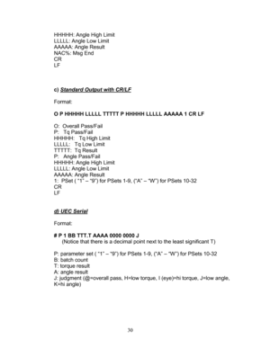 Page 32 30 
HHHHH: Angle High Limit 
LLLLL: Angle Low Limit  
AAAAA: Angle Result  
NAC%: Msg End  
CR   
LF  
 
 
 
c)  Standard Output with CR/LF 
 
Format:  
 
O P HHHHH LLLLL TTTTT P HHHHH LLLLL AAAAA 1 CR LF  
 
O:  Overall Pass/Fail  
P:   Tq  Pass/Fail  
HHHHH:   Tq High Limit  
LLLLL:   Tq Low Limit  
TTTTT:  Tq Result  
P:   Angle Pass/Fail  
HHHHH: Angle High Limit  
LLLLL: Angle Low Limit  
AAAAA: Angle Result  
1:  PSet  ( “1”  – “9”) for PSet s 1-9, (“A” –  “W”) for PSets 10-32  
CR   
LF  
 
 
d)...