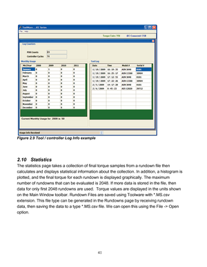 Page 43 41 
 
Figure 2.9 Tool / controller Log Info example  
 
 
 
2.10    Statistics  
The statistics page takes a collection of final torque samples from a rundown file then 
calculates and displays statistical information about the collection. In addition, a histogram is 
plotted, and the fi nal torque for each rundown is displayed  graphically. The maximum 
number of rundowns that can be evaluated is 2048. If more data is stored in the file, then 
data for only  first 2048  rundowns  are used.  Torque...