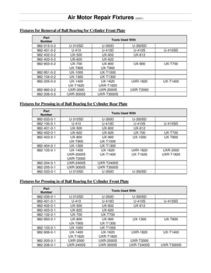 Page 6Air Motor Repair Fixtures  (cont.)
Fixtures for Removal of Ball  Bearing for Cylinder Front Plate  
Part  
Number   Tools Used With  
982 - 015 - 0 - 2 U - 310SD U - 350D U - 350SD
982 - 401 - 0 - 2 U - 410 U - 410D U - 410S U - 410SD
982 - 402 - 0 - 2 UX - 500   UX - 602   UX - 612  
982 - 403 - 0 - 2 US - 620   UX - 622  
982 - 903 - 0 - 2 UX - 700  
UX - T800   UX - 800  
UX - T900   UX - 900   UX - T700  
982 - 951 - 0 - 2 UX - 1000   UX - T1000  
982 - 104 - 0 - 2 UX - 1300   UX - T1300  
982 - 205...