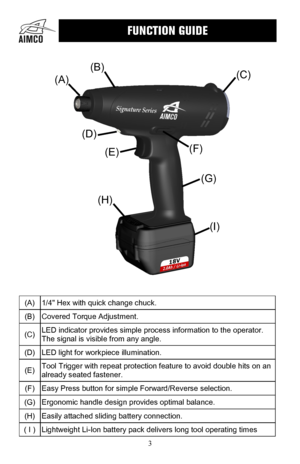 Page 33 
 
(A) 1/4" Hex with quick change chuck. 
(B) Covered Torque Adjustment. 
(C) LED indicator provides simple process information to the operator. 
The signal is visible from any angle. 
(D) LED light for workpiece illumination. 
(E) Tool Trigger with repeat protection feature to avoid double hits on an 
already seated fastener. 
(F) Easy Press button for simple Forward/Reverse selection. 
(G) Ergonomic handle design provides optimal balance. 
(H) Easily attached sliding battery connection. 
( I )...