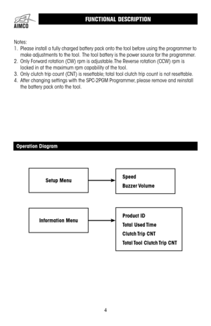 Page 44
FUNCTIONAL DESCRIPTION
Notes:
1 . Please install a fully charged battery pack onto the tool before using the programmer to 
make adjustments to the tool .  The tool battery is the power source for the programmer  .
2 . Only Forward rotation (CW) rpm is adjustable . The Reverse rotation (CCW) rpm is 
locked in at the maximum rpm capability of the tool .
3 . Only clutch trip count (CNT) is resettable; total tool clutch trip count is not resettable  .
4 . After changing settings with the SPC-2PGM...