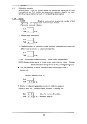 Page 38
======Chapter 6=============================================== 
6-2 RUN status operation 
When BYPASS LED is not lighting, spindle unit displays the status that BYPASS 
front switch is set RUN position and external non-operation signal is not input.  
Spindle unit gives tightening result, error and setting value displays. 
 
6-2-1 Display 
[PARM]  : Displays numbers that is parameter number of last 
tightening.  Or, displays alarm number in case of alarm. 
1.Parameter number 2 indication 
 
02 
DATA...