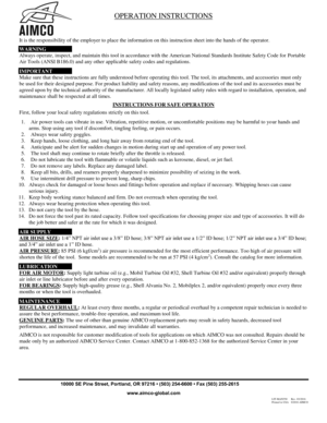 Page 1OPERATION INSTRUCTIONS  
10000 
SE Pine  Street, Portland,  OR 97216 • (503) 254-6600 • Fax  (503) 255-2615  LIT-MAN550  Rev. 
03/2016 
Printed in USA  ©2016 AIMCO  It is the responsibility of the employer to place the information on this instruction sheet into the hands of the operator.  
WARNING  
Always operate, inspect, and maintain this tool in accordance with the American National Standards Institute Safety Code for   Portable 
Air Tools (ANSI B186.0) and any other applicable safety codes and...