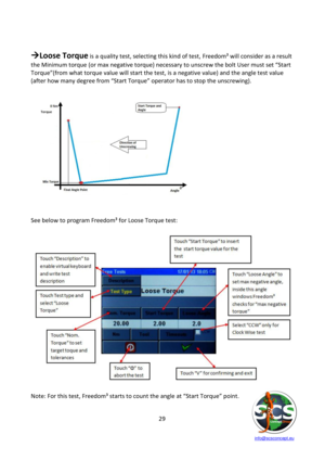 Page 29 
 
   info@scsconcept.eu     
29  
 
Loose Torque is a quality test, selecting this kind of test, Freedom³ will consider as a result 
the Minimum torque (or max negative torque) necessary to unscrew the bolt User must set “Start 
Torque”(from what torque value will start the test, is a negative value) and the angle test value 
(after how many degree from “Start Torque” operator has to stop the unscrewing).  
 
 
 
 
See below to program Freedom³ for Loose Torque test: 
 
 
 
Note: For this test,...
