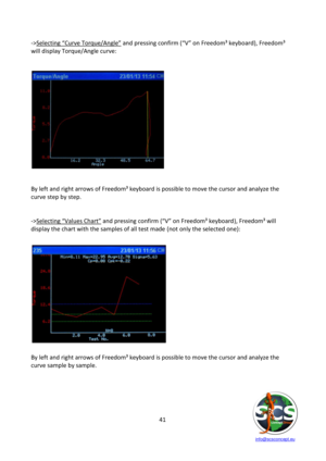 Page 41 
 
   info@scsconcept.eu     
41  
->Selecting “Curve Torque/Angle” and pressing confirm (“V” on Freedom³ keyboard), Freedom³ 
will display Torque/Angle curve: 
 
 
 
 
 
By left and right arrows of Freedom³ keyboard is possible to move the cursor and analyze the 
curve step by step. 
 
 
->Selecting “Values Chart” and pressing confirm (“V” on Freedom³ keyboard), Freedom³ will 
display the chart with the samples of all test made (not only the selected one): 
 
 
 
 
 
 
 
 
 
 
 
 
 
 
 
By left and...