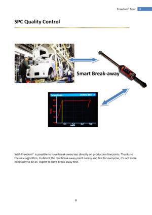 Page 8 
8 
 
8 Freedom³ Tour 
SPC Quality Control 
 
 
 
 
 
 
 
     
  
 
 
Smart Break-away 
      
      
    
 
 
       
       
       
  
       
  
  
 
 
 
     
 
 
 
 
With Freedom³  is possible to have break-away test directly on production line joints. Thanks to 
the new algorithm, to detect the real break-away point is easy and fast for everyone, it’s not more 
necessary to be an  expert to have break-away test. 
             
              
 
 
    