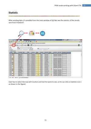 Page 72 
72 
 
72 PRW mode working with SQnet FTA 
Statistic           
 
 
After sending data, it’s possible from the main window of SQ-Net see the statistic of the results 
sent from Freedom³: 
 
 
 
       
       
       
    
User has to select the row with location and test he wants to see, so he can click on statistic icon ( 
as shown in the figure) 
 
 
 
 
 
 
 
 
 
 
 
 
 
  