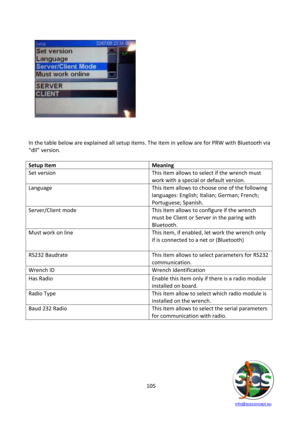Page 105 
 
   info@scsconcept.eu     
105  
 
 
 
 
 
 
 
 
 
 
 
 
 
 
In the table below are explained all setup items. The item in yellow are for PRW with Bluetooth via 
“dll” version. 
 
Setup Item Meaning 
Set version This item allows to select if the wrench must 
work with a special or default version.  
Language This item allows to choose one of the following 
languages: English; Italian; German; French; 
Portuguese; Spanish. 
Server/Client mode This item allows to configure if the wrench 
must be Client...