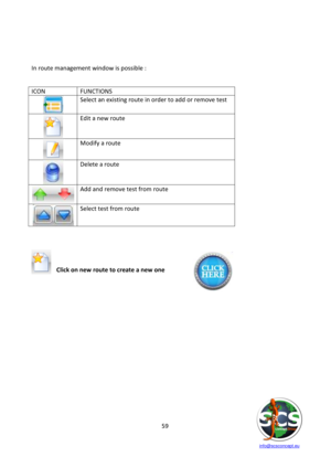 Page 59 
 
   info@scsconcept.eu     
59  
 
 
 
In route management window is possible : 
 
ICON FUNCTIONS 
 
Select an existing route in order to add or remove test 
 
Edit a new route 
 
Modify a route 
 
Delete a route 
 
Add and remove test from route 
 
Select test from route 
 
 
 
    
Click on new route to create a new one 
 
 
 
 
 
 
 
 
 
 
 
 
 
 
 
 
  