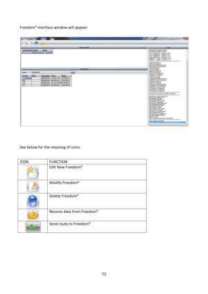 Page 7272 
 
Freedom³ interface window will appear: 
         
 
 
 
See below for the meaning of icons: 
 
ICON FUNCTION 
 
Edit New Freedom³ 
 
Modify Freedom³ 
 
Delete Freedom³ 
 
Receive data from Freedom³ 
 
Send route to Freedom³ 
 
 
 
 
 
  