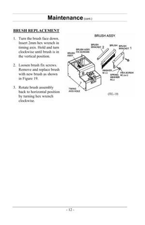 Page 14-12-
Maintenance (cont.)
BRUSH REPLACEMENT 
1. Turn the brush face down.Insert 2mm hex wrench in
timing axis. Hold and turn
clockwise until brush is in
the vertical position.
2. Loosen brush fix screws.Remove and replace brush
with new brush as shown
in Figure 19.
3. Rotate brush assemblyback to horizontal position
by turning hex wrench
clockwise. 