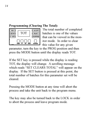 Page 1514
Programming (Clearing The Total):The total number of completed
batches is one of the values
that can be viewed in the mon-
itor mode.  In order to clear
this value for any given
parameter, turn the key to the PROG position and then
press the MODE button until the display reads TOT.
If the SET key is pressed while the display is reading
TOT, the display will change.  A scrolling message
which reads “SET CLEARS TOTAL” will appear on the
display.  If the SET button is pressed at this point, the
total...