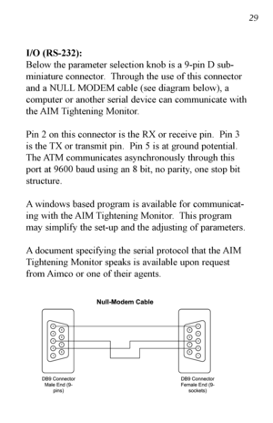 Page 30I/O (RS232):
Below the parameter selection knob is a 9pin D sub
miniature connector.  Through the use of this connector
and a NULL MODEM cable (see diagram below), a
computer or another serial device can communicate with
the AIM Tightening  Monitor.
Pin 2 on this connector is the RX or receive pin.  Pin 3
is the TX or transmit pin.  Pin 5 is at ground potential.
The ATM communicates asynchronously through this
port at 9600 baud using an 8 bit, no parity, one stop bit
structure.
A windows based program is...