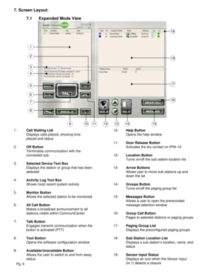 Page 67. Screen Layout:
7.1Expanded Mode View
1-Call Waiting List
Displays calls placed, showing time 
placed and status
2-Off Button
Terminates communication with the 
connected sub
3-Selected Device Text Box
Displays the station or group that has been 
selected
4-Activity Log Text Box
Shows most recent system activity
5-Monitor Button
Allows the selected station to be monitored
6-All Call Button
Makes a broadcast announcement to all 
stations visible within CommuniCenter
7-Talk Button
Engages transmit...