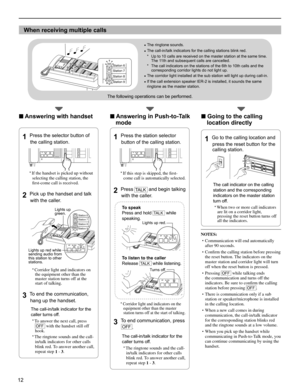 Page 1212
When receiving multiple calls
The following operations can be performed.
■ Answering with handset
Press the selector button of 1 the calling station.
NIM system
If the handset is picked up without * 
selecting the calling station, the 
ﬁ rst-come call is received.
Pick up the handset and talk 2 with the caller.
Station 6
Station 7
Station 8
Station 9
Corridor light and indicators on * the equipment other than the 
master station turns off at the 
start of talking.
To end the communication, 3 hang up...