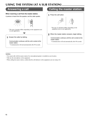 Page 1616
USING THE SYSTEM (AT A SUB STATION)
Answering a call
When receiving a call from the master station; 
A pretone is heard from the speaker, and the caller speaks.
The type of speaker differs depending on the equipment used * in your application.
Answer the caller by talking1 .
Communication continues until the call is ended at the 
master station.
Communication will end automatically after 90 seconds.
* 
Calling the master station
Press the call button1 .
The type of call button differs depending on the...