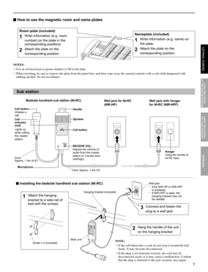 Page 77
GETTING STARTED APPENDIX
USING THE SYSTEM 
(AT THE MASTER STATION)
USING THE SYSTEM
 (AT A SUB STATION)
■ How to use the magnetic room and name plates
NOTES:
Use an oil-based pen (a grease marker) to ﬁ ll in the plate.
• 
When rewriting, be sure to remove the plate from the panel ﬁ rst, and then wipe away the current contents with a soft cloth dampened with • 
rubbing alcohol. Do not use thinner.
Sub station
               Bedside handheld sub station (NI-RC)      
               
Room plate...