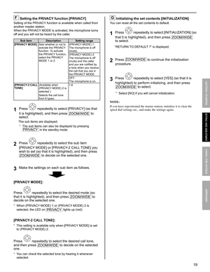 Page 1919
GETTING STARTED USING THE SYSTEM APPENDIX
SETTING AND ADJUSTMENT
F Setting the PRIVACY function [PRIVACY]
Setting of the PRIVACY function is available when called from 
another master station. 
When the PRIVACY MODE is activated, the microphone turns 
off and you will not be heard by the caller.
Sub item Description Setting range
[PRIVACY MODE]Sets whether or not to 
activate the PRIVACY 
function. To activate 
the PRIVACY function, 
select the PRIVACY 
MODE 1 or 2.(PRIVACY MODE) 1: 
The microphone is...