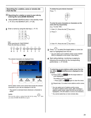 Page 2929
GETTING STARTED USING THE SYSTEM APPENDIX
SETTING AND ADJUSTMENT
Searching for a station, zone or remote site 
from the list
A Searching for a station or zone in your site by 
entering the name [NAME SEARCH]
 Select [NAME SEARCH] either in the standby mode 
1 (→P. 27) or the SEARCH LIST (→P. 28).
Enter a name by using the dial keys.
2  (→P. 37) 
 e.g.) 
When searching for MASTER004; 
Press the dial keys as follows.
                                  
M00
AS4
TER
(4 times) (3 times) (8 times) (8 times)...