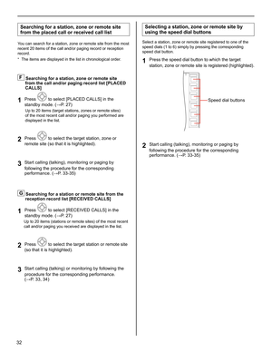 Page 3232
Searching for a station, zone or remote site 
from the placed call or received call list
You can search for a station, zone or remote site from the most 
recent 20 items of the call and/or paging record or reception 
record.
The items are displayed in the list in chronological order.
* 
F Searching for a station, zone or remote site 
from the call and/or paging record list [PLACED 
CALLS]
Press 
1  to select [PLACED CALLS] in the 
standby mode. (→P. 27)
Up to 20 items (target stations, zones or remote...