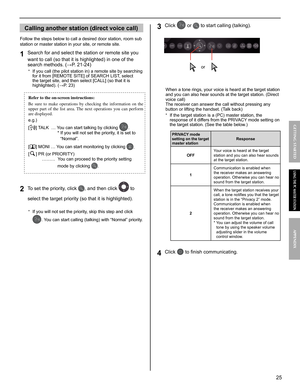 Page 2525
GETTING STARTED APPENDIX
USING THE PC MASTER STATION
Calling another station (direct voice call)
Follow the steps below to call a desired door station, room sub 
station or master station in your site, or remote site.
Search for and select the station or remote site you 1 want to call (so that it is highlighted) in one of the 
search methods. (→P. 21-24)
If you call (the pilot station in) a remote site by searching * for it from [REMOTE SITE] of SEARCH LIST, select 
the target site, and then select...