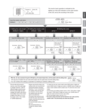 Page 77
English
Nederlands
Français
Deutsch
Español
Input the master code twice.
(Default:                                                                )
The result of each operation is indicated by the 
lighting up of the LED indicators on the upper section 
of the unit, and by the sounding of the buzzer.
- 
When the         key is pressed, the green LED lights up, the buzzer beeps twice, and the system exits the setting mode. 
(If the         key is included in the user code and the master code, the system...
