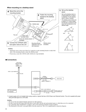 Page 88
When mounting on a desktop stand
30r
45r
60r
■ Connections
LAN/PoE
AAAUDIO
OUTPUT
DC24V
P
CAT5e/6
NP
*1:  A power supply unit is not needed when using a switch or injector that has a PoE (Power over Ethernet) function. The unit is supplied with power 
along with data signal via a LAN cable.
NOTES:
Do not use the unoccupied terminals and ports for other purposes.
In order to prevent miswiring, label both ends of each cable with the unit and terminal names to which they are to be connected.
For...