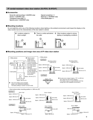 Page 99
IP vandal-resistant video door station (IS-IPDV, IS-IPDVF)
■ Accessories
~Screw (for wall-mounting) × 4 (IS-IPDV only)
~Special screwdriver × 1
~Anchor × 4 (IS-IPDV only)
~Back box × 1 (IS-IPDVF only)
~Transparent name plate × 2
~China RoHS paper × 1
~Special screw × 4 (IS-IPDVF only)
■ Mounting locations
Do not install this unit in any of the following locations where lighting or the ambient environment could impact the display on the 
video monitor due to the characteristics of the door...