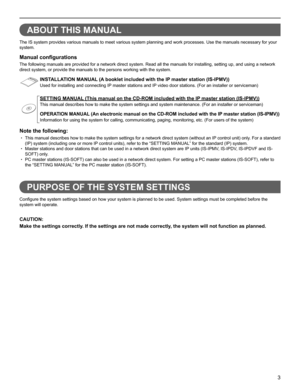 Page 33
GETTING STARTED USING THE SYSTEM APPENDIX
SETTING THE SYSTEM
ABOUT THIS MANUAL
The IS system provides various manuals to meet various system planning and work processes. Use the manuals necessary for your 
system.
Manual conﬁ gurations
The following manuals are provided for a network direct system. Read all the manuals for installing, setting up, and using a network 
direct system, or provide the manuals to the persons working with the system.
INSTALLATION MANUAL (A booklet included with the IP master...