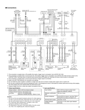 Page 1111
■ Connections
1CX1
1CX2M1
M21MX1
1MX21MX3
2MX12MX2
2MX3 M3
M4D1
D2IP1LAN
IP2 IP3 D3
D4 2CX1
2CX23CX1
3CX24CX1
4CX2
P1P2P3P4L1L2L3L4L5L6L7L8S1 E S2 E S3 E S4 E
IS-RCUMASTER STATIONIS-SCUIS-IPC
DC48V
DOOR/SUB STATIONVIDEO/AUDIO
PA OUTPUT (600Ω)CONTACT INPUTCHIME INPUT (600Ω)ETHERNETVIDEO OUTPUTCONTACT OUTPUT (AC/DC24V  0.5A)
B2B1
V1 V2
CAT5e/6
200m
(650)CAT5e/6
200m
(650)CAT5e/6
300m
(980)CAT5e/6
300m
(980)
10m (33)15m
(50)
200m
(650)CAT5e/6
150m
(490)Coax
15m (50)
NTSC15m (50)
NTSC
*2
*3
*4 *1
D C
2C...